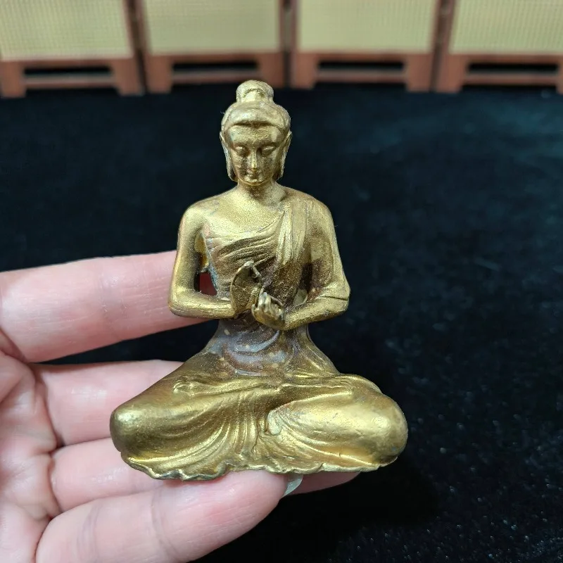 Mini Vintage Gilt Vairocana Buddha Figurine Dharmachakra Mudra Buddhism Desktop Altar Collectible Ornament