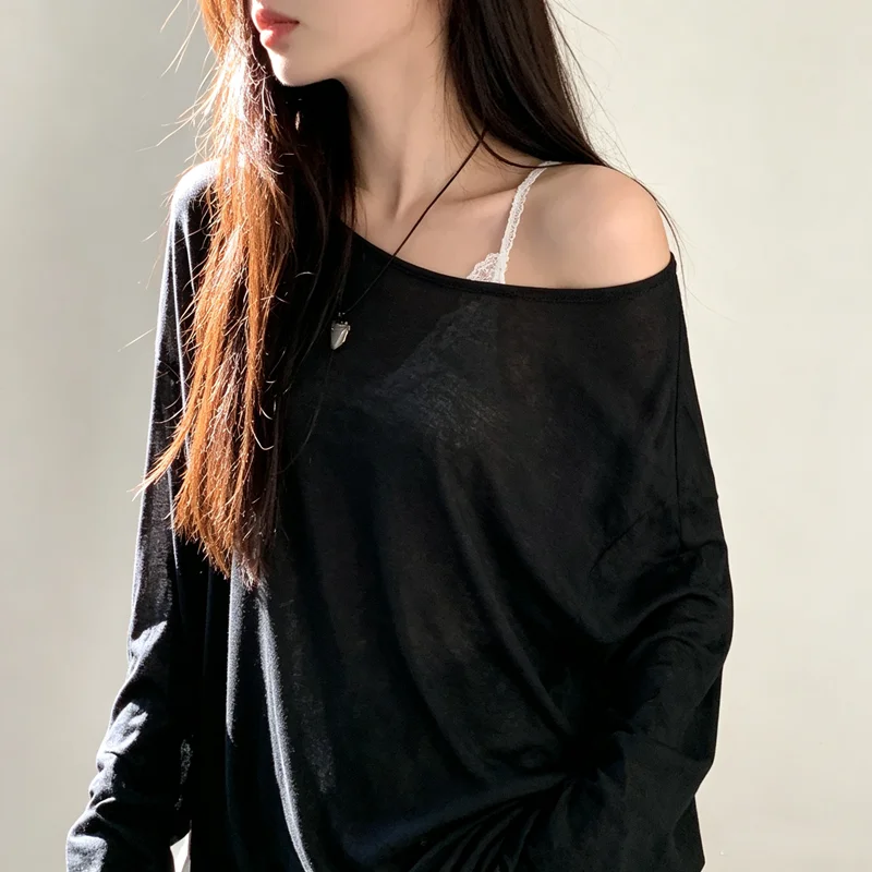 Women Sloping Shoulder Long Sleeve Top Breathable Thin Sheer Material Round Neck Oversized Loose Fit Daily Casual Basic Shirt