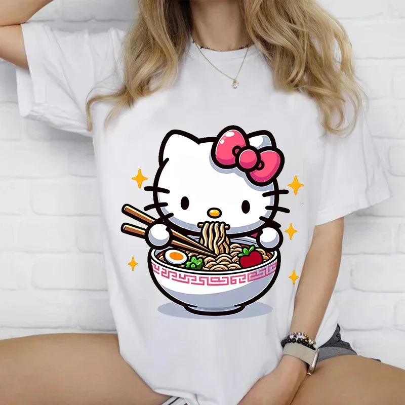

Hello Kitty с принтом лапши, модная женская футболка, хлопковая повседневная свободная рубашка с короткими рукавами, рубашка больших размеров