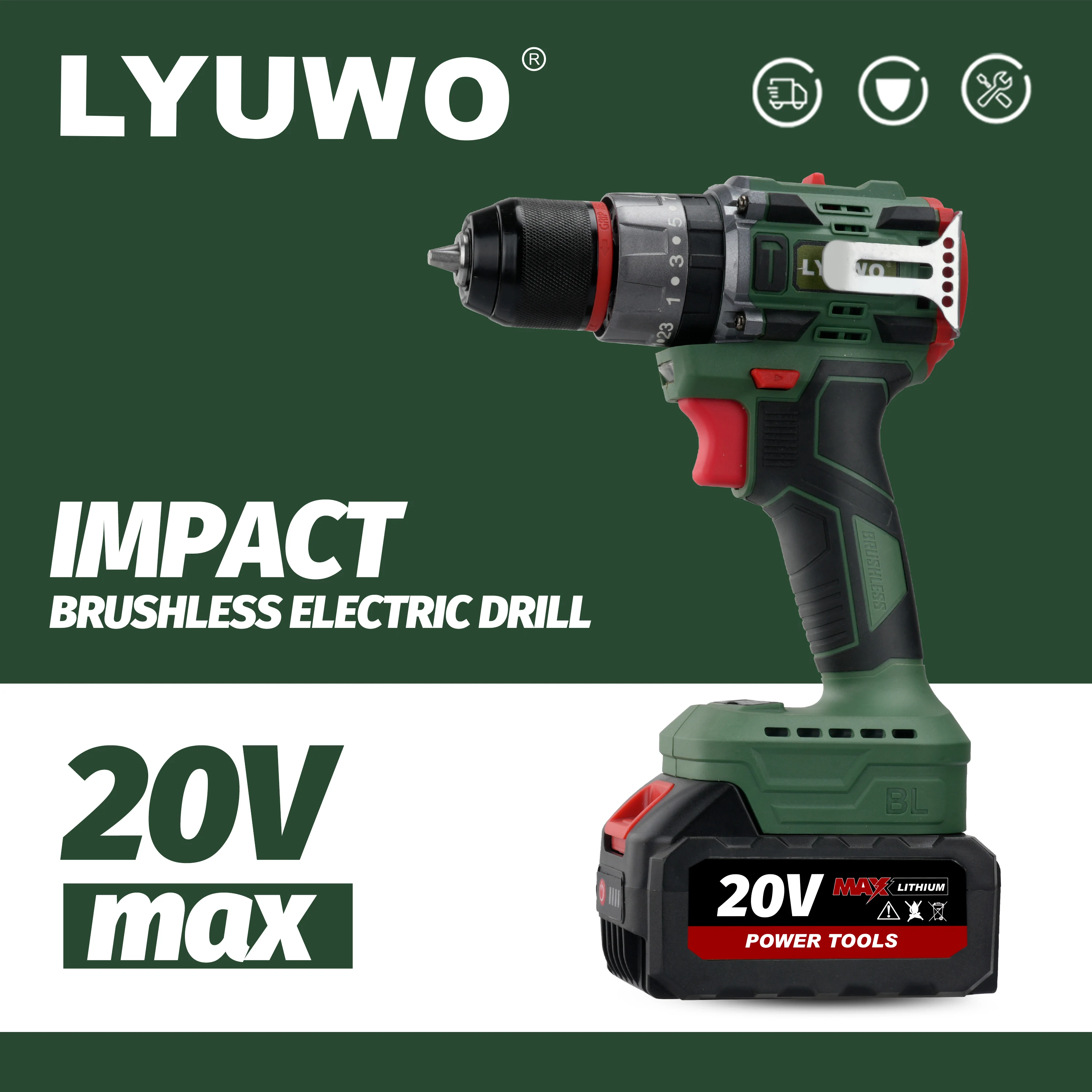 LYUWO 20V 25+3 Impact Electric Drill Dual speed Brushless Hand Electric Drill Lithium Battery Multi functional High Torque Tools