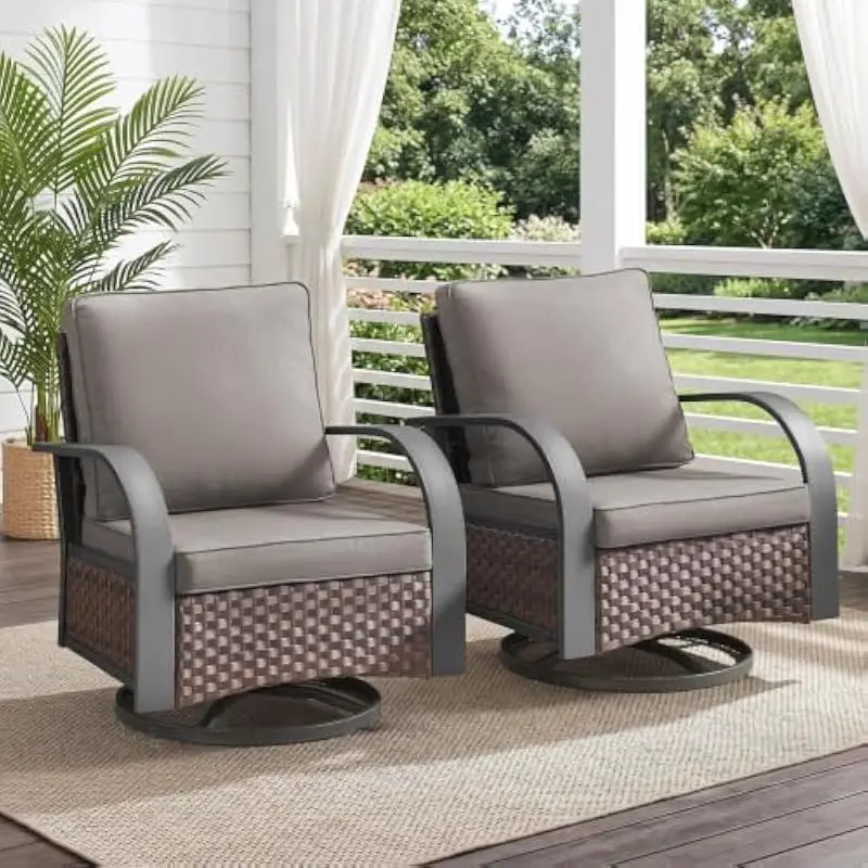 Outdoor swivel glider chairs set of two with 360° rotation and smooth rocking motion ideal for garden deck porch or sunroom use