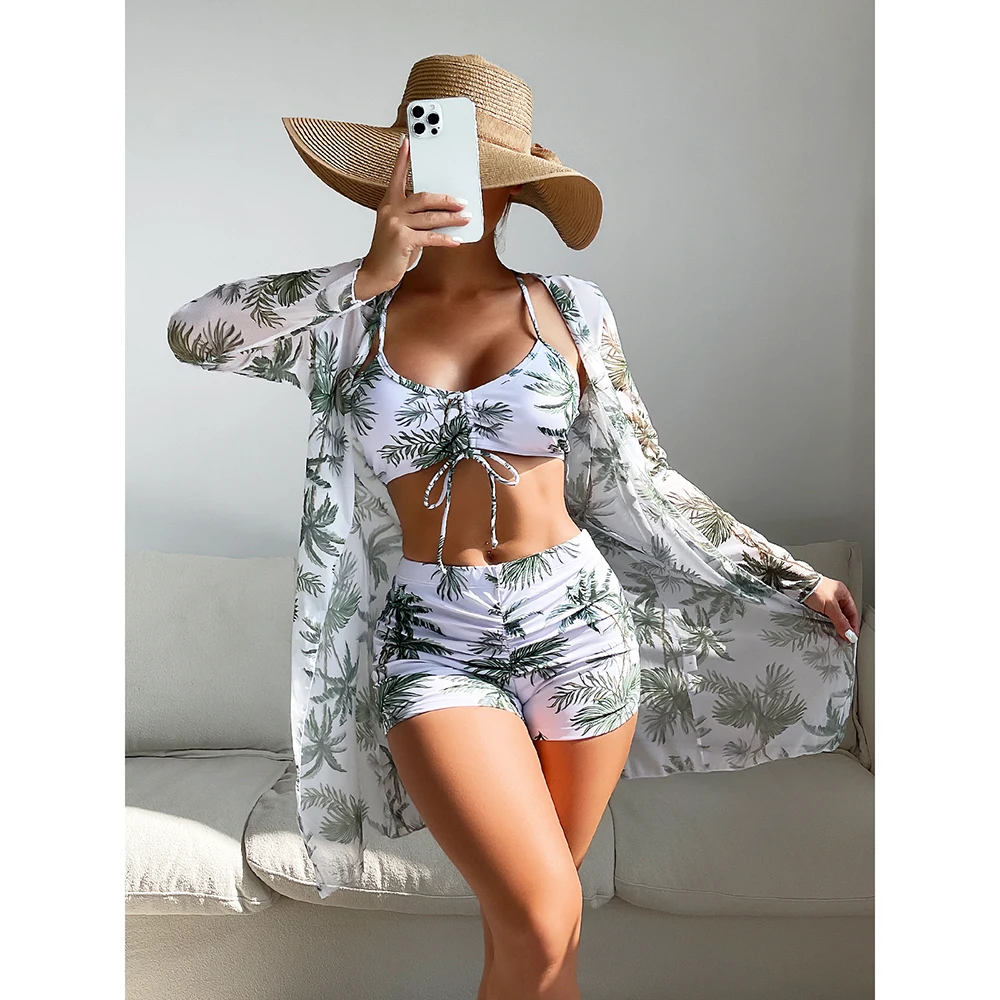 High Waist Bikinis 2022 Sexy 3 Piece Bikini Set Cover Up Swimsuit for Women Long Sleeve Push Up Swimwear Beach Wear Bathing Suit