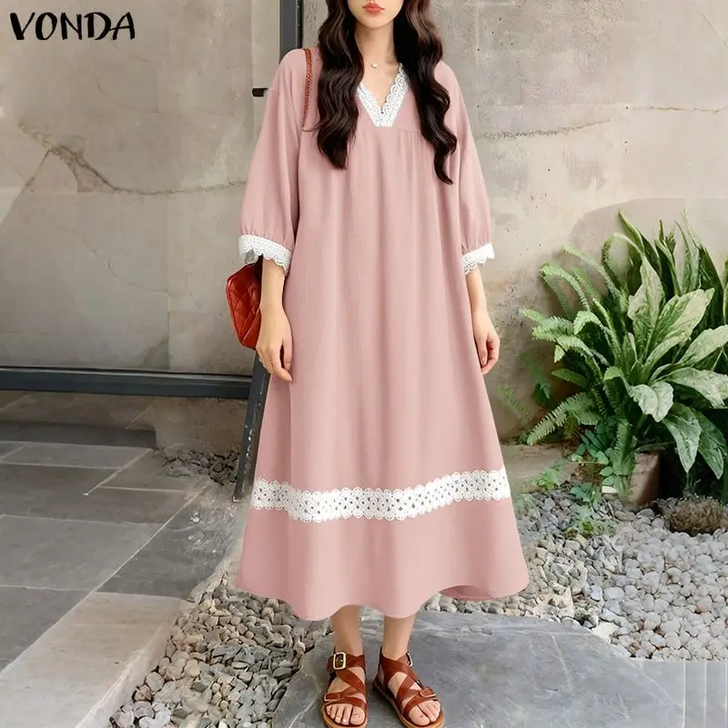 VONDA 여성 우아한 롱 셔츠 드레스 v 넥 레이스 패치 워크 미디 sundress 패션 캐주얼 루즈 3/4 슬리브 파티 가운 여성