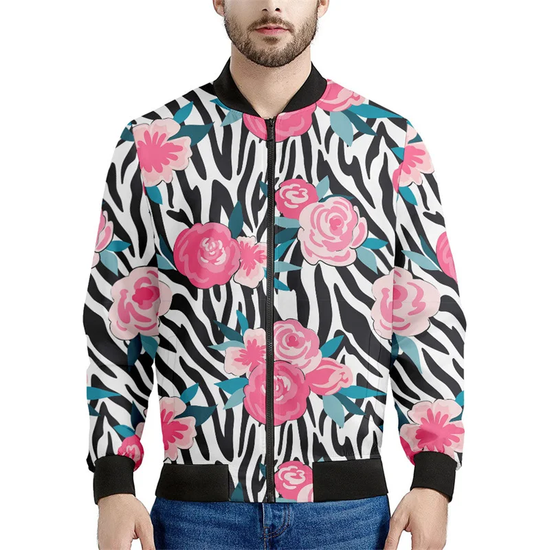 Abstract Zebra Pattern Jacket Men Clothes 3d Printed Flower Sweatshirt Women Casual Bomber Zipper Jackets Streetwear Tops Coat