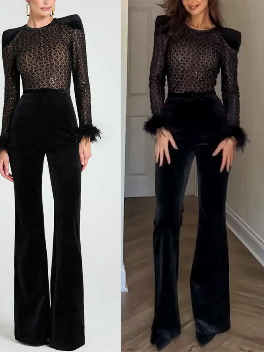 

Autumn Winter Gold Velvet Patchwork Long Sleeve Onesie Casual Party Women's Long Pants Jumpsuit mid Waist Other Style