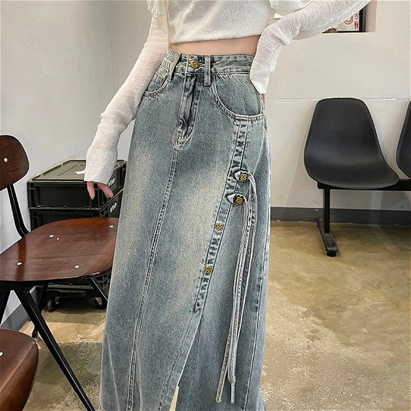 

Women Solid Denim Skirts High Slit Skirt Ankle Lenth A Line High Waist Zip Loose Office Lady Elegant Casual 2026 Spring Summer
