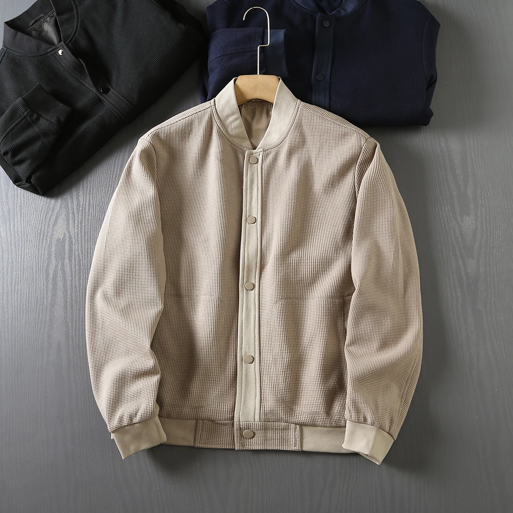 

Ameikaji Heavyweight Wfle Fabric Baseball Collar Casual Button-Up Cardigan Jaet Spring Autumn Men's Outerwear