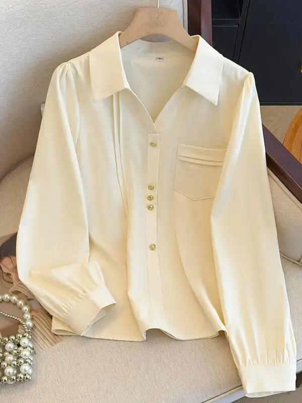 

Женская шифоновая блузка с длинным рукавом, весна 2025, новая коллекция, профессиональный стиль, с отложным воротником, корейский стиль