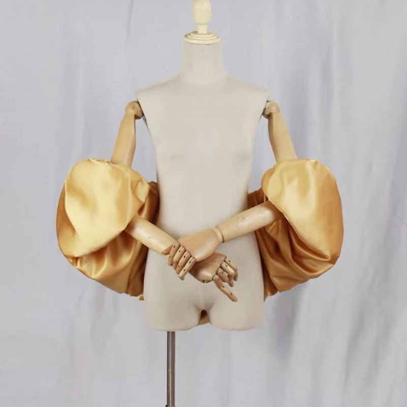 فستان الزفاف فقاعة الساتان عباءة منتفخة الأكمام التفاف بوليرو الزفاف حفلة موسيقية فستان شال أكمام اليد أداء التفاف الذراع أدفأ DIY بها بنفسك