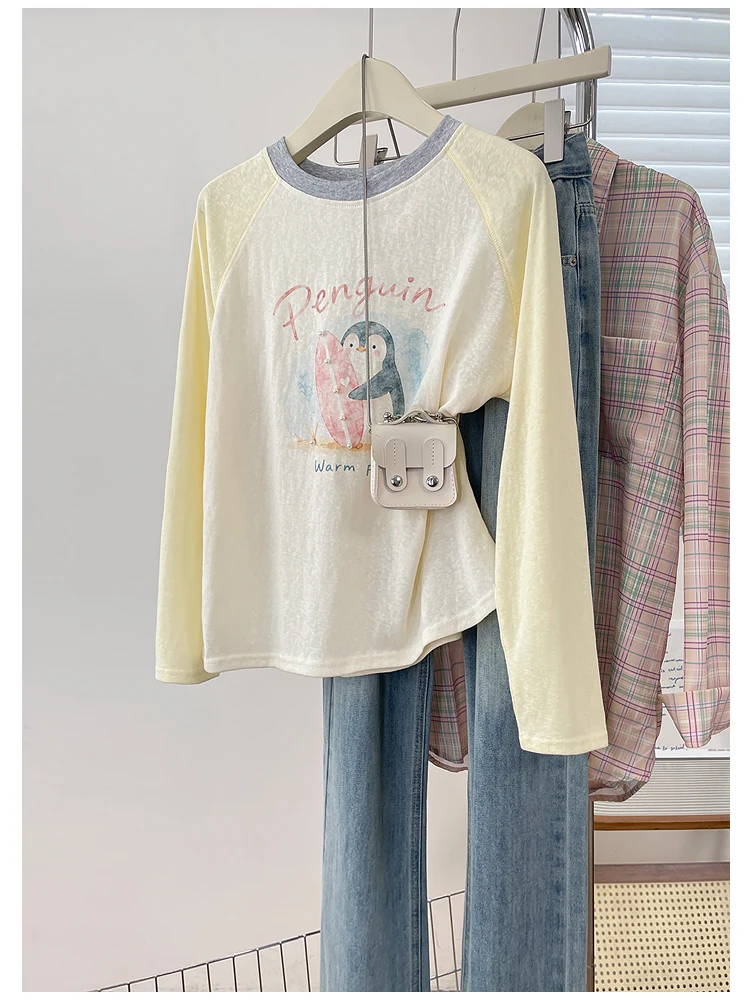 Long Sleeve T-Shirt Women Casual All-Match Color Block round Neck Design Penguin Print Top Breathable Cotton Polyester Blend