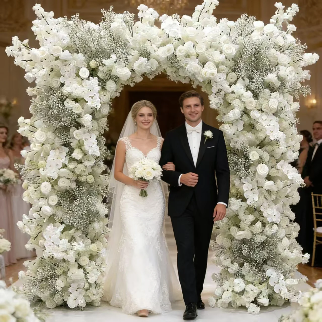 

White Luxury Cherry Orchid And Square Arch For Wedding Stage Design