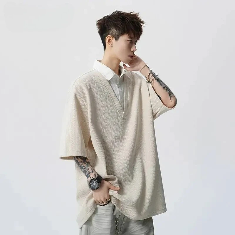 

Streetwear Men's Fake Two-Piece T-Shirt Textured Turn Down Collar Short Sleeve Loose Casual Summer Pullover Top