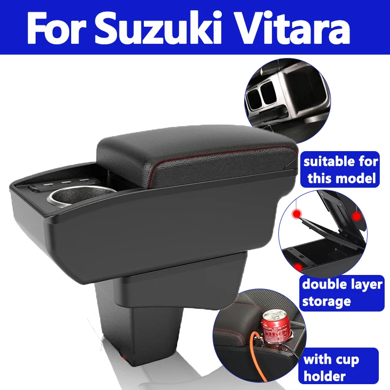 لسوزوكي فيتارا مسند الذراع التحديثية أجزاء مخصصة مسند ذراع السيارة مركز صندوق تخزين اكسسوارات السيارات الداخلية USB سهلة التركيب