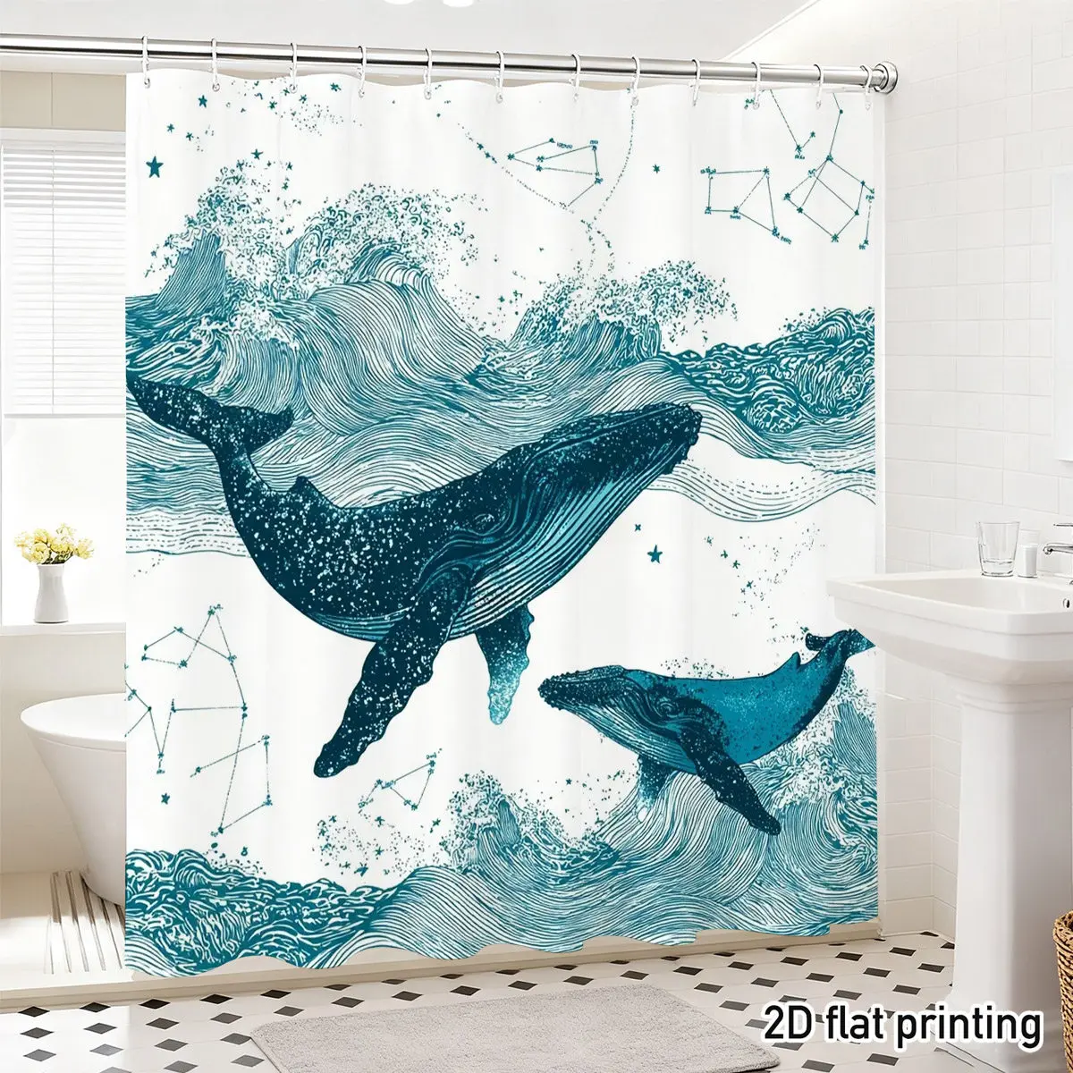 Whale Ocean Shower Curtain Teal Line-Art Whales Amid Swirling Waves & Constellations White Background Nautical Art Decor