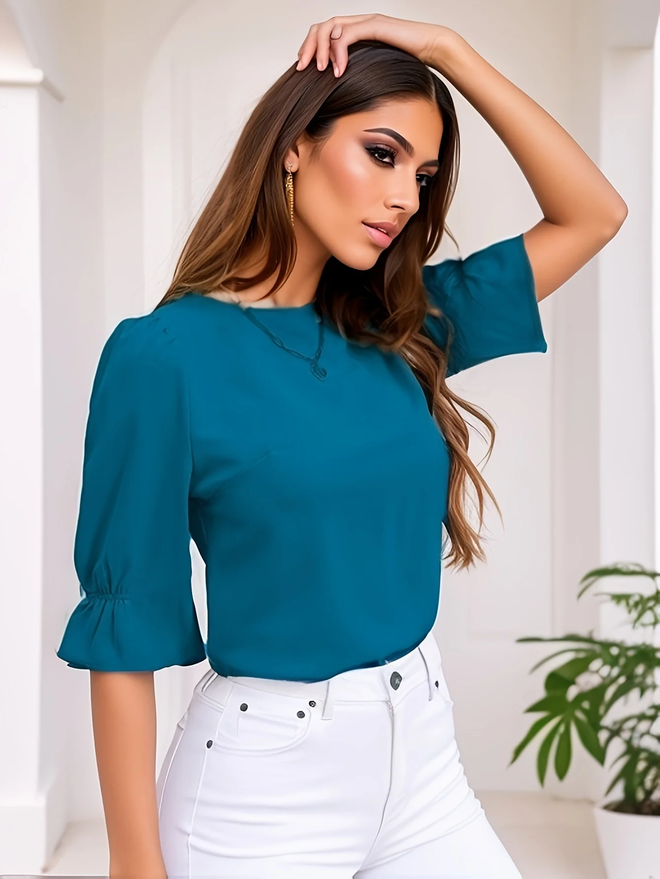 Spring Summer New  Solid Color Crew Neck Simple Blouse, Elegant Half Sleeve Loose Blouse For Spring & Fall, Women\'s Clothing