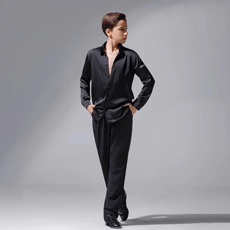 

2025 Latin Dance For Boys Long Sleeve V-neck Shirt Pants Practice Clothes Chacha Rumba Tango Kids Latin Performance Wear DN22062