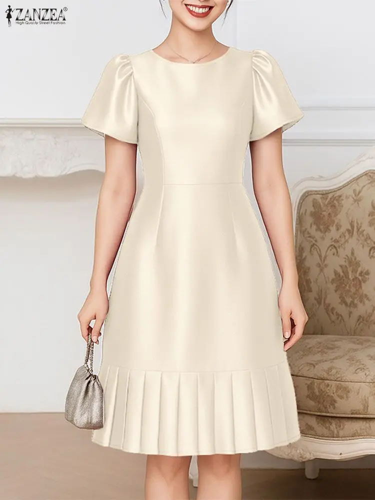 우아한 파티 드레스 ZANZEA 여성용 2025 스타일리시 새틴 플리츠 드레스 페탈 슬리브 웨이스트드 선드레스 패션 A라인 OL 워크 베스티도스