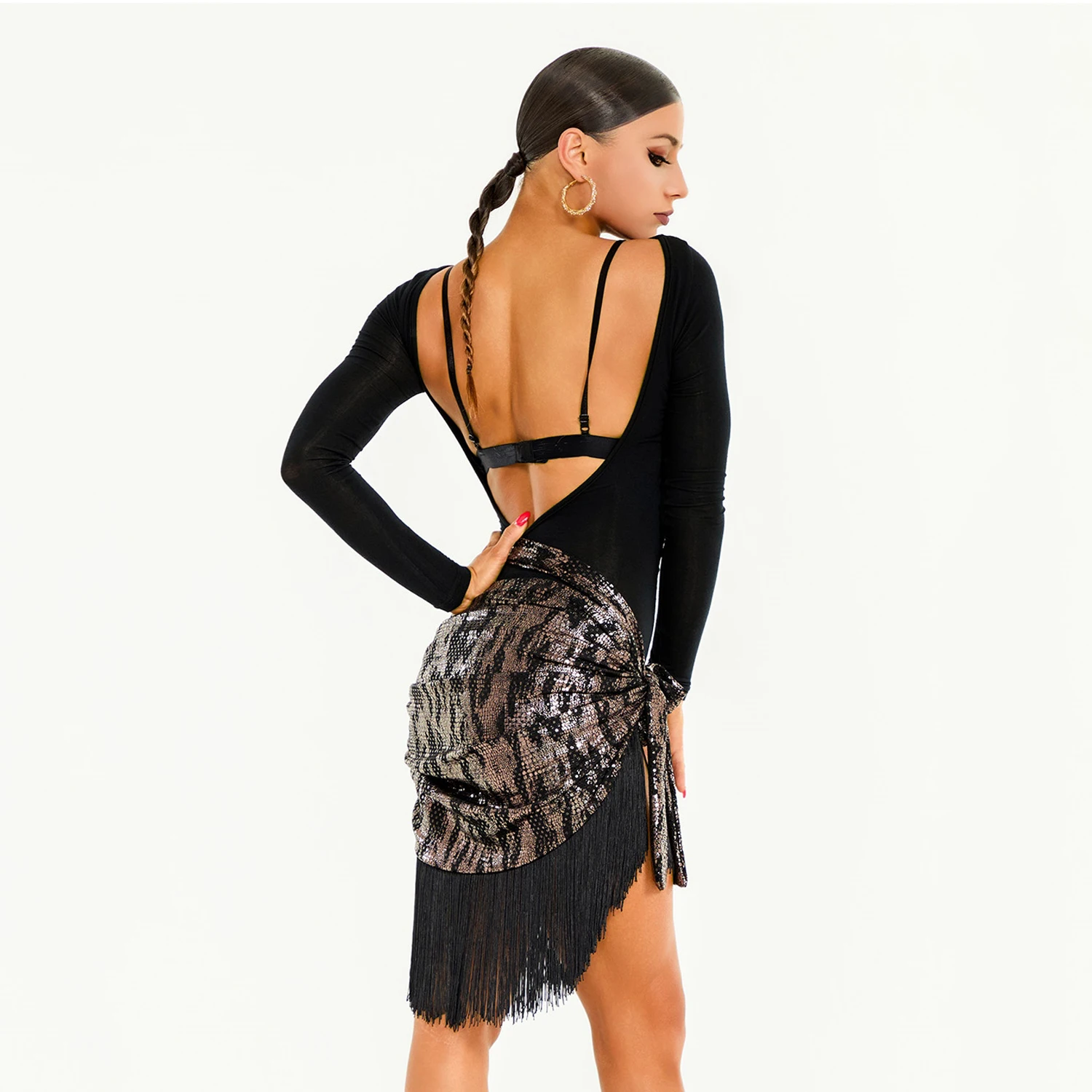 2025 New Latin Dance Clothes Women Backless Black Tops Fringe Skirt Adult Club Rumba Cha Cha Dance Practice Clothing DNV22353