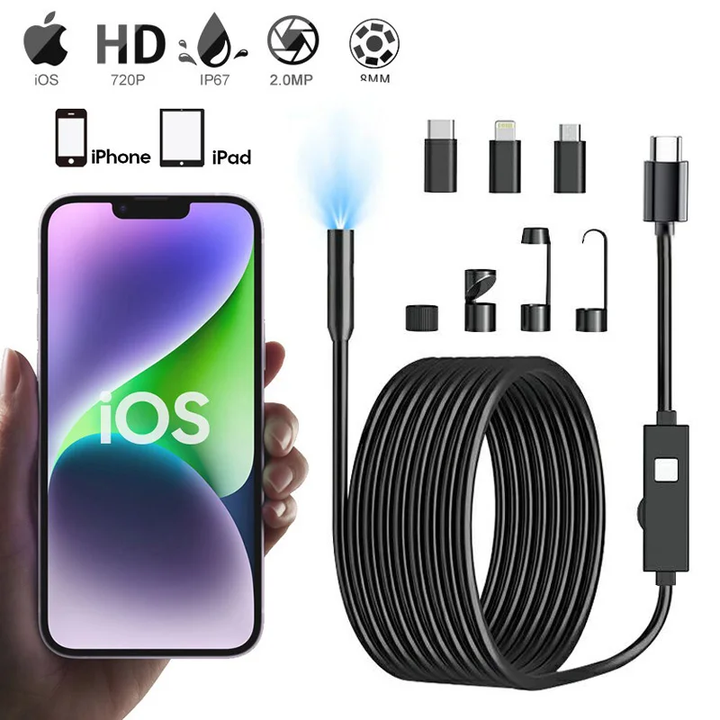 Industrial Endoscope with 8 LED Mini Endoscope Video Camera IP67 Lens For Iphone Android & IOS Repair Pipeline Inspection Camera