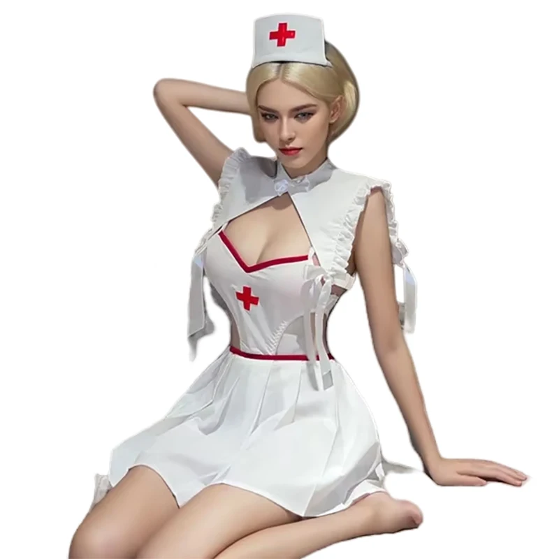 

Nurse Uniform Dress Cosplay Costume White Crotch Open Bodysuit with Skirt Suit Set Sexy Lingerie Night Club Wear Underwear Women