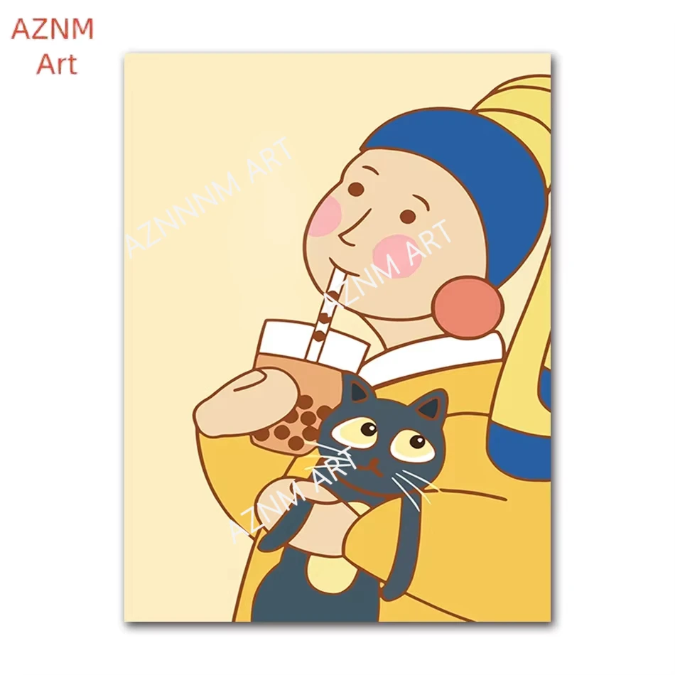 Divertido Cuadro de la Mona Lisa con Diseño de Bubble Tea, Impresión Artística Nórdica en Lienzo, Póster Decorativo para Pared, Sala de Estar, Hogar