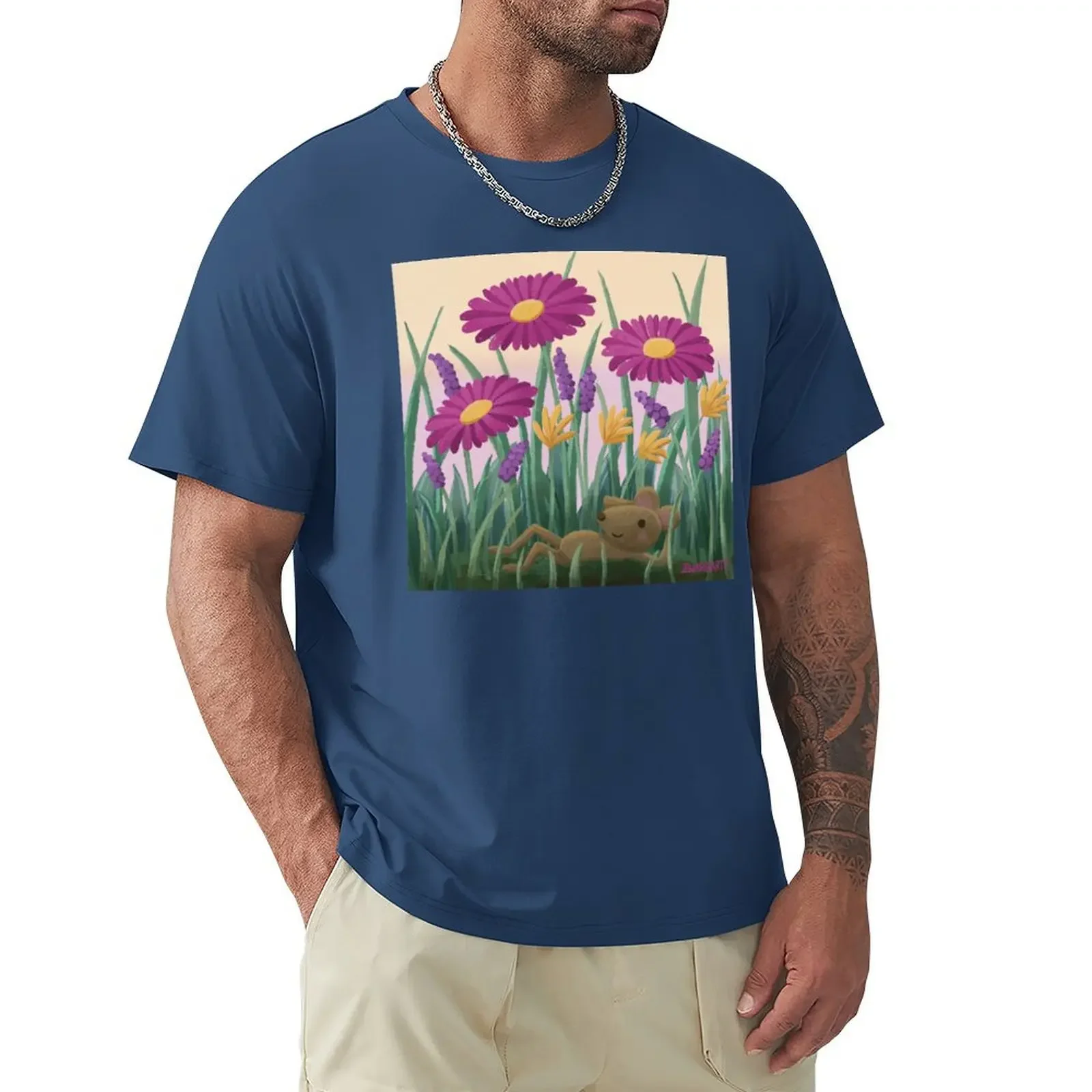 mouse among flowers T-shirt plain customs vintage clothes mens cotton t shirts