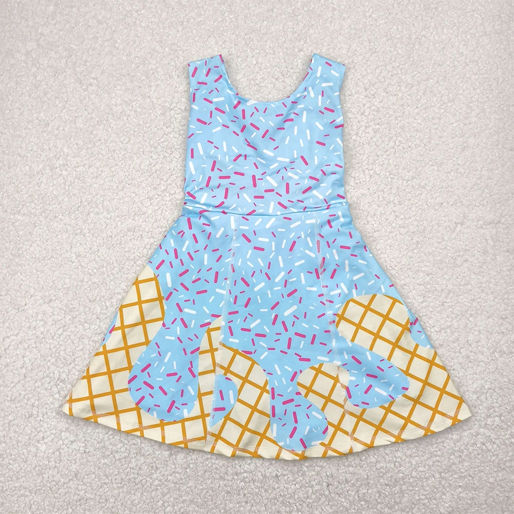 

Baby Girls Light Blue Ice Cream Drip Yoga Skort Knee Length Sleeveless Athletic Dress Sprinkle Detail Cute Baby Outfit