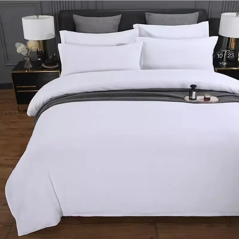 Hotel Hotel Linen Bedding Four-piece Bed and Breakfast Pure White Satin Strip Quilt Cover Sheet Cotton Simple Pure Cotton