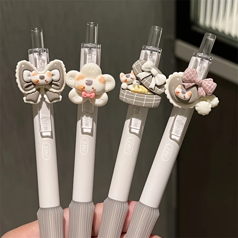 6/4 Random Style Packs, Plaid Bow Three-Flower Cat Design Retractable Gel Pen with Black Ink, Simple Milky White Vertical Stripe Pen Body, Gentle Low-Saturation Kitten Decorative Pen Clip, Korean-Style Ins-Style Student Pen Set for Writing and Journaling, High Aesthetic Appeal, Retractable Signature Pen Set, Halloween and Christmas Gifts