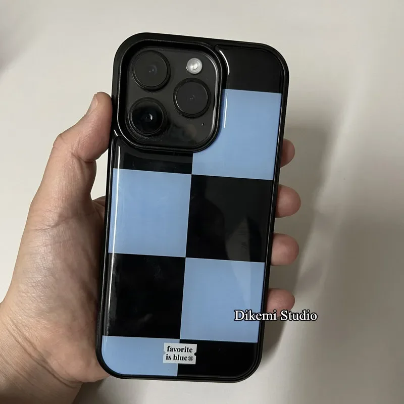 Korean ins Black and Blue Grid Minimalist Phone Case for iPhone 17 16 15 14 13 12 11 PRO MAX PLUS 17air 16e XR Drop Glue Cover view 2