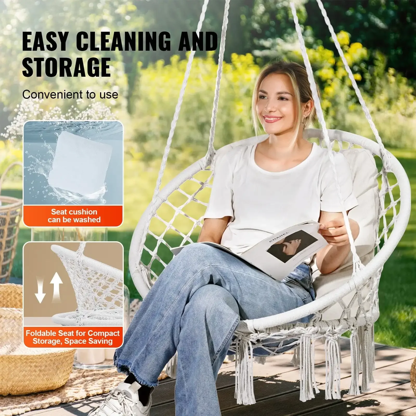 Cadeira de balanço de rede Macrame Cadeira suspensa com almofada interna externa