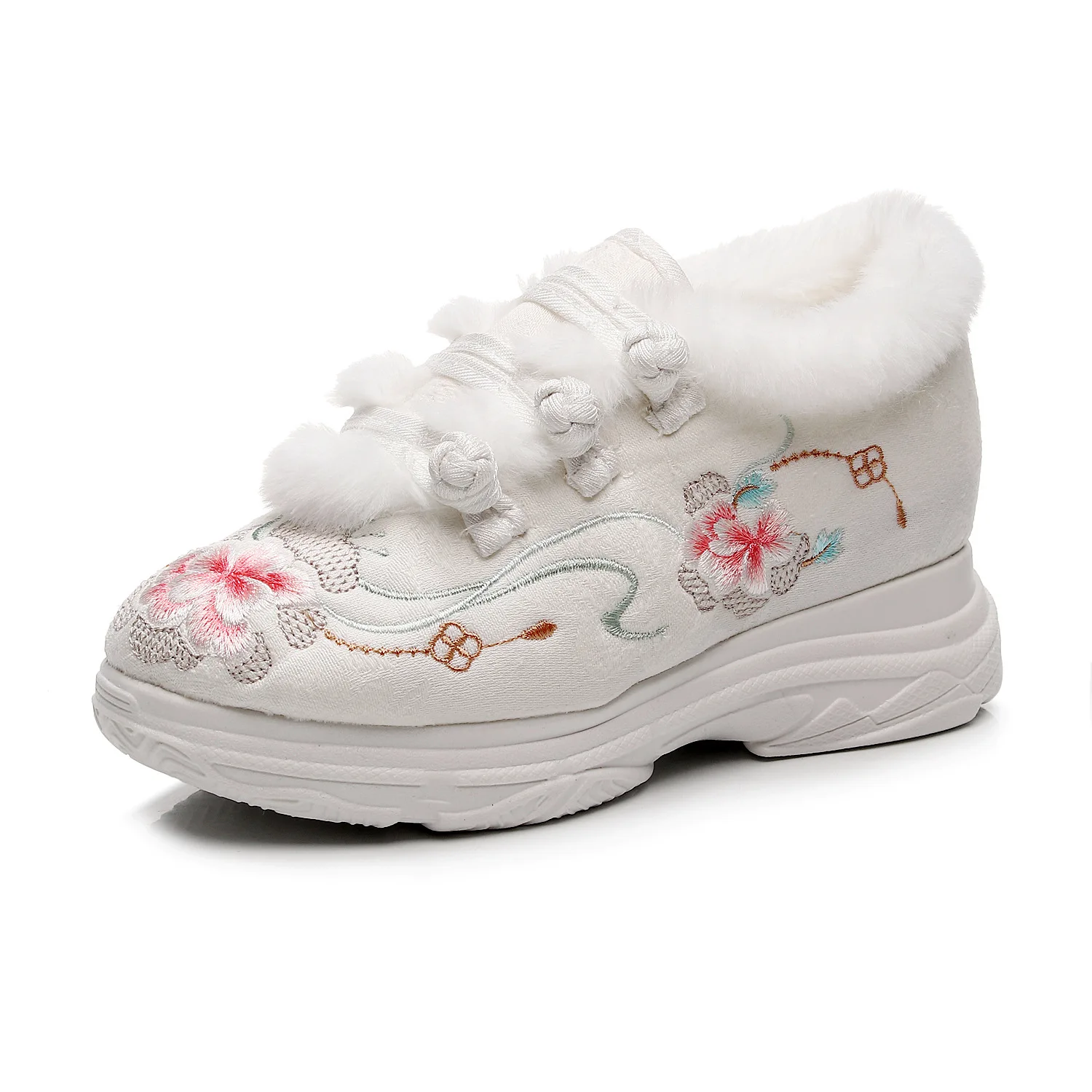 Size 34-41 Flower Winter Warm Chinese Ethnic Style Embroidered Shoes Soft Sole Comfortable Antique Women White Shoes For Hanfu