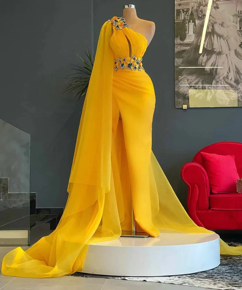 Arabic Yellow Flowers Evening Dresses One Shoulder Mermaid Fashion Show Dress For Women Long Formal Gowns