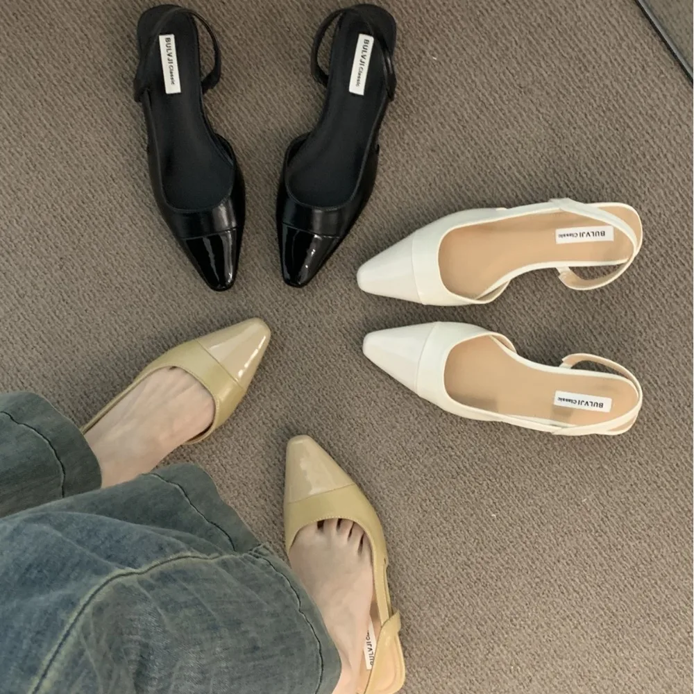 French Nude Color Low Heel Baotou Sandals for Women Pointed Toe Thick Heels Back Air Style Single Shoes Ladies Footwear image 4