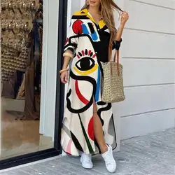 Boho Dress Single Breasted Button Irregular Long Dresses 2023 Women Sundress Sexy Turn-down Collar Face Print Maxi Dress Vestido