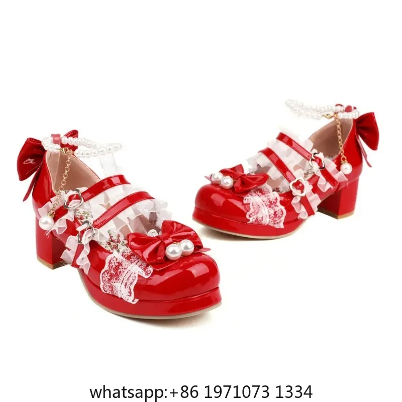 Cross Strap Women High Heels Mary Jane Pumps Wedding Tea Party White Pink Black Ruffles Bow Maid Princess Cosplay Lolita Shoes