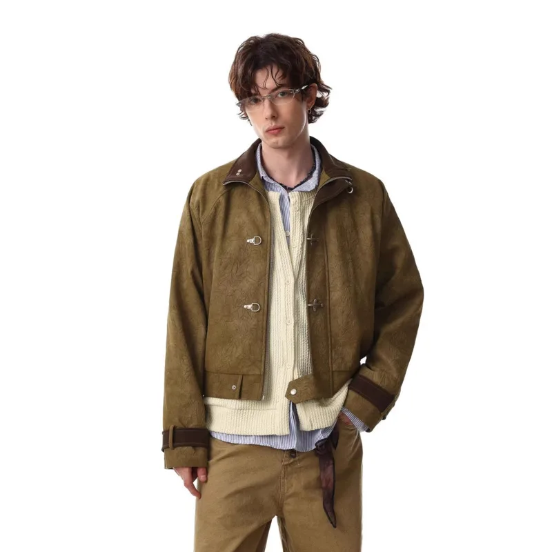 WVGA Autumn New Men's Trendy American Style Short Jacket Stand Collar Airplane Buckle Niche Chic Casual Long Sleeved Coat W26907