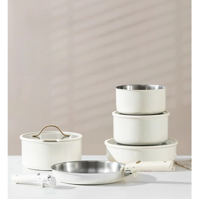 Stainless steel pot set Household detachable handle versatile pot ceramic non-stick pan
