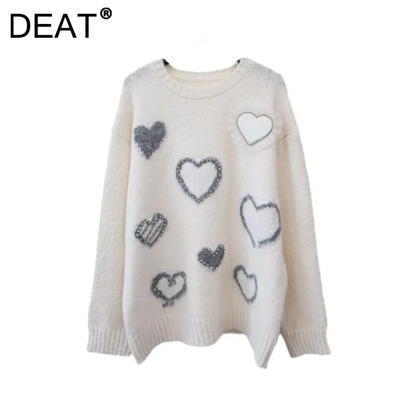 DEAT Women's Pullover Loose O-neck Heart Pattern Knitting Patchwork O-neck Soft Crystal Sweaters 2025 New Fashion Spring 29L8916