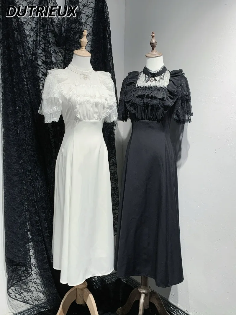 Oryginalne, masowo produkowane, dopasowane spodnie z krótkim rękawem, koronkowe, perłowe, ze stójką, słodkie dziewczęce sukienki w jednolitym kolorze