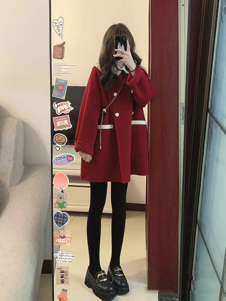 

Cisas New Year Red Woolen Coat Women's Medium Length Korean Sle Commute Pure Color Plaid Double Breasted Button Jaet