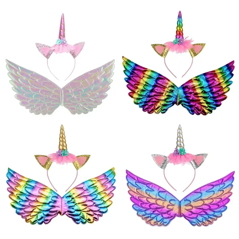 Gilrs and Boys Hairband Unicorn Headband Children Rainbow Wings For Kids Photography Props Birthday Party Hair Accessories