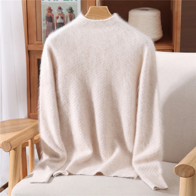 

Women 100% Mink Cashmere Sweater Mock Neck Pullover Autumn Winter Slim Basic Cashmere Knitwear Soft Warm High Strecth Versatile
