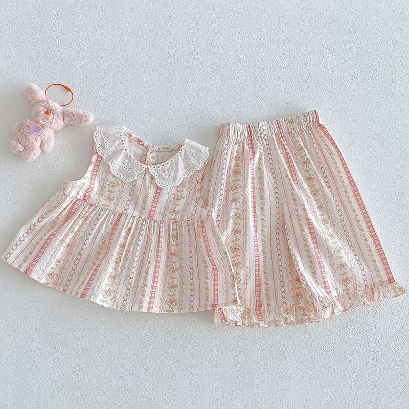 2026 New Summer 0-5Yrs Children Clothes Suit Sleeveless Cotton Printed Top+Pants Newborn Baby Girls Clothing Set