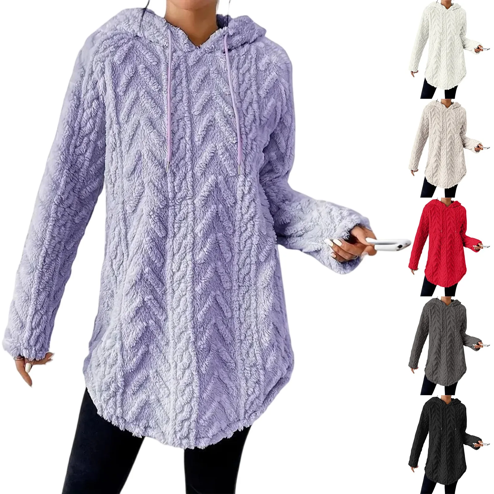 

Женская осенняя меховая толстовка с капюшоном на шнурке, однотонная жаккардовая толстовка с длинными рукавами, мягкая удобная толстовка с капюшоном