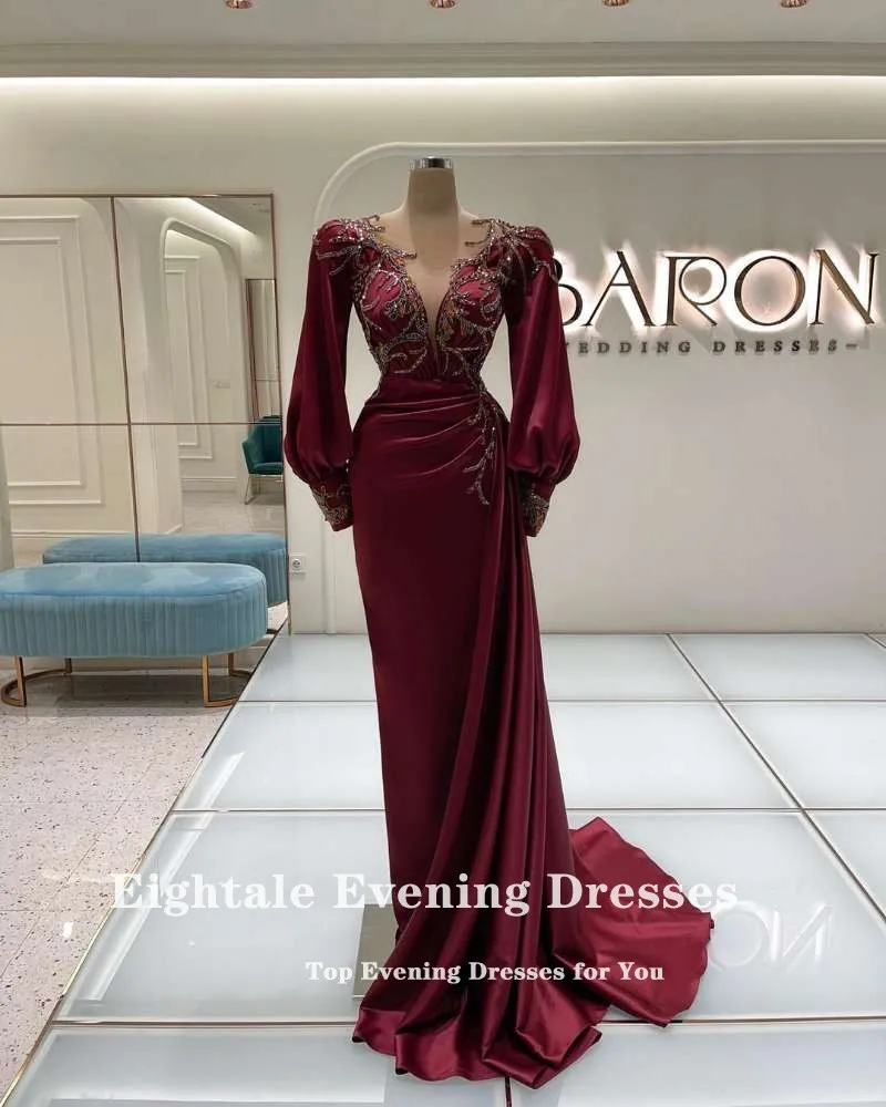 Eightale Burgundy Evening Dresses Arabic O-Neck Appliques Mermaid Prom Gown Long Puffy Sleeves Satin Celebrity Party Dress