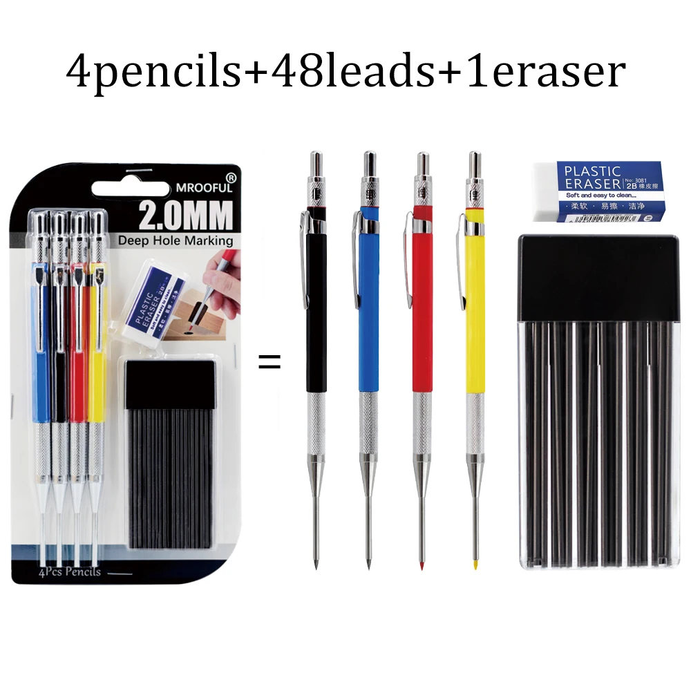 3 Stijlen 2.0mm Lange Punt Timmermans Mechanisch Potlood Set Voor Diepe Gat Markering, Automatisch Potlood Ingenieurs Tekenen Markeringstool