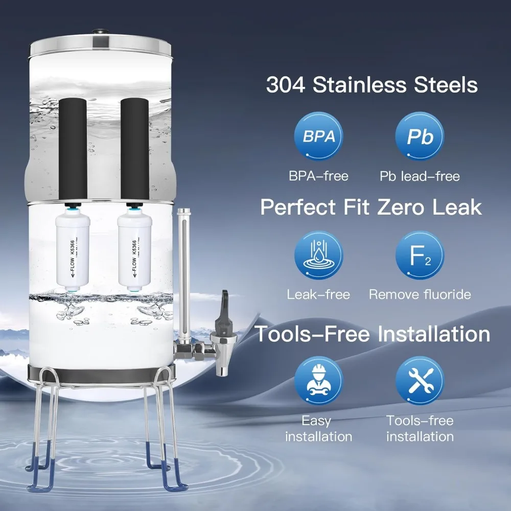 Schwerkraft-Wasserfilter system, nsf/ansi 42 & 372 Standard, 2,25g Edelstahl-Arbeits platten system mit 2 schwarzen Elementen