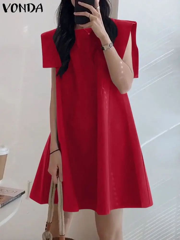 VONDA Summer Dress 2024 Women Casual Vintage Solid Color Dress Elegant Evening Party Sundress Loose Sexy Vestidos Robe Oversize