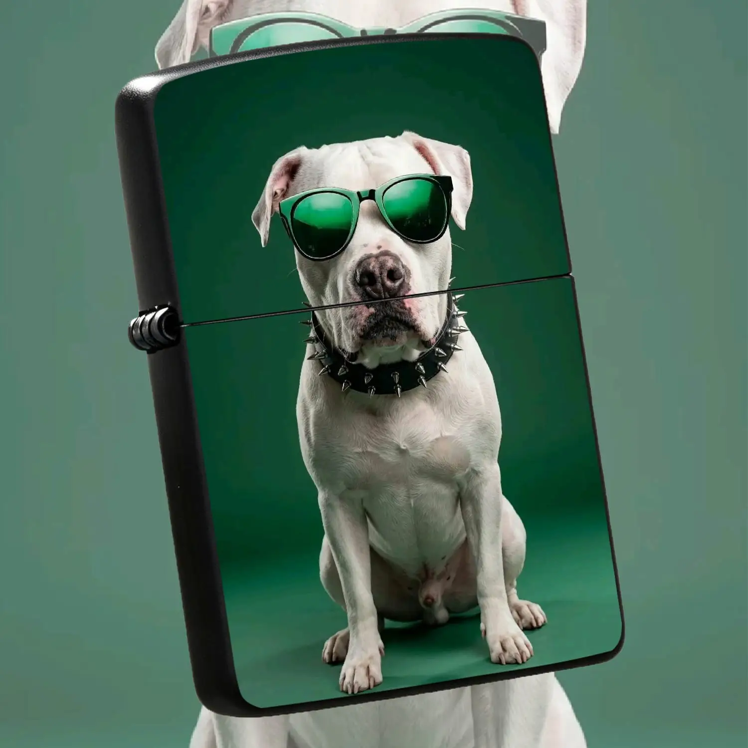 Cool White Pitbull with Green Sunglasses Spiked Collar Creative Decorative Ornament, Multi-scenario Portable Unique Item for Daily Use, Fun Stylish Gift for Home Desktop Display Personal Accessory A Humorous And Interesting Lighter